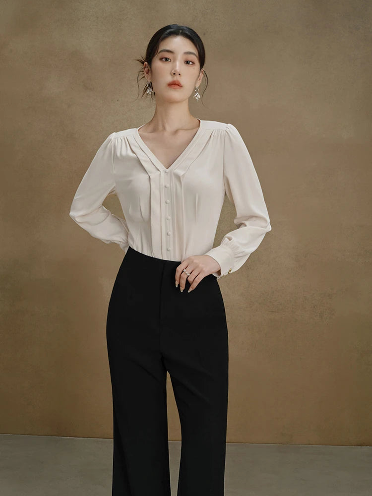 DUSHU V-neck High Luxury Commuter Shirt Autumn 2023 New Slim Womem Tops For Women Light Yellow Blue Women Shirt For Women