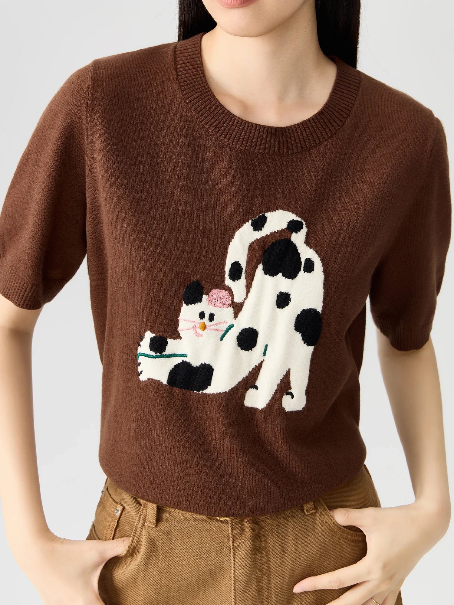 DUSHU Women Sweater Embroidered Pullover Tops Knitted T-shirt Autumn Round Neck Soft Long Sleeve Top 24DS83025+24DS83367