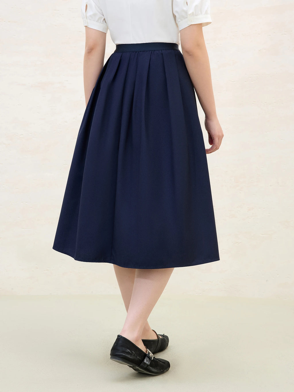 DUSHU Plus Size Versatile Navy Blue College Style 2025 Summer New High Waist Casual Umbrella Hem Mid-length Skirt 25DS82039