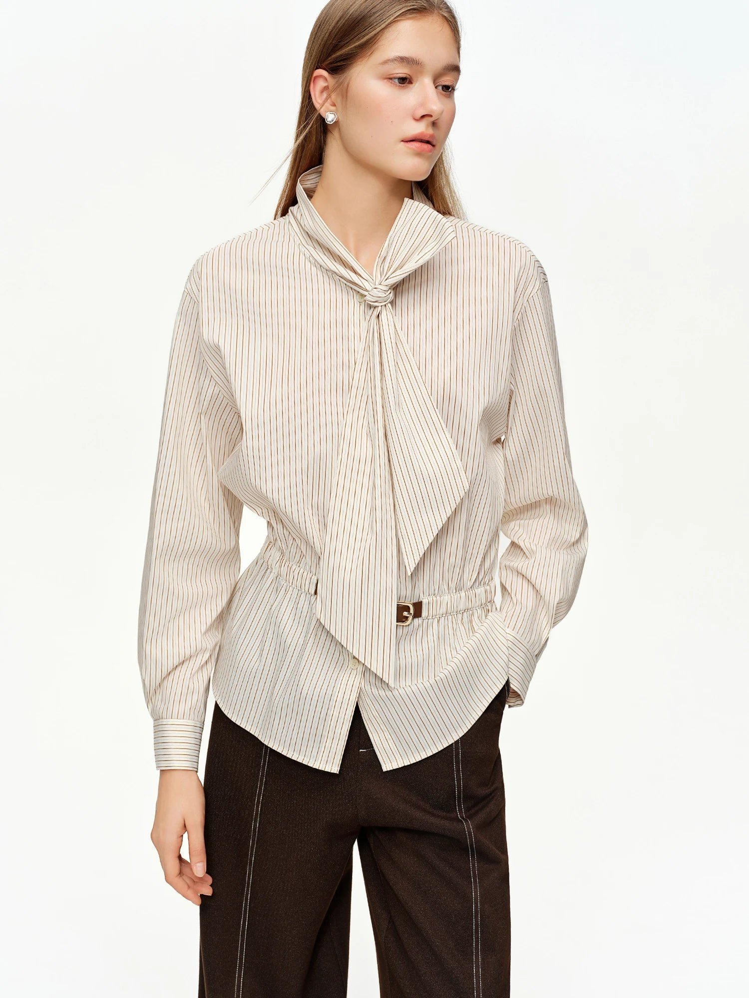 DUSHU Soft Mist Gentle Breeze Women's Blouse Stylish Belted Waist-Cinching Tie-Front White Shirt 2026 Spring New Arrival Shirts