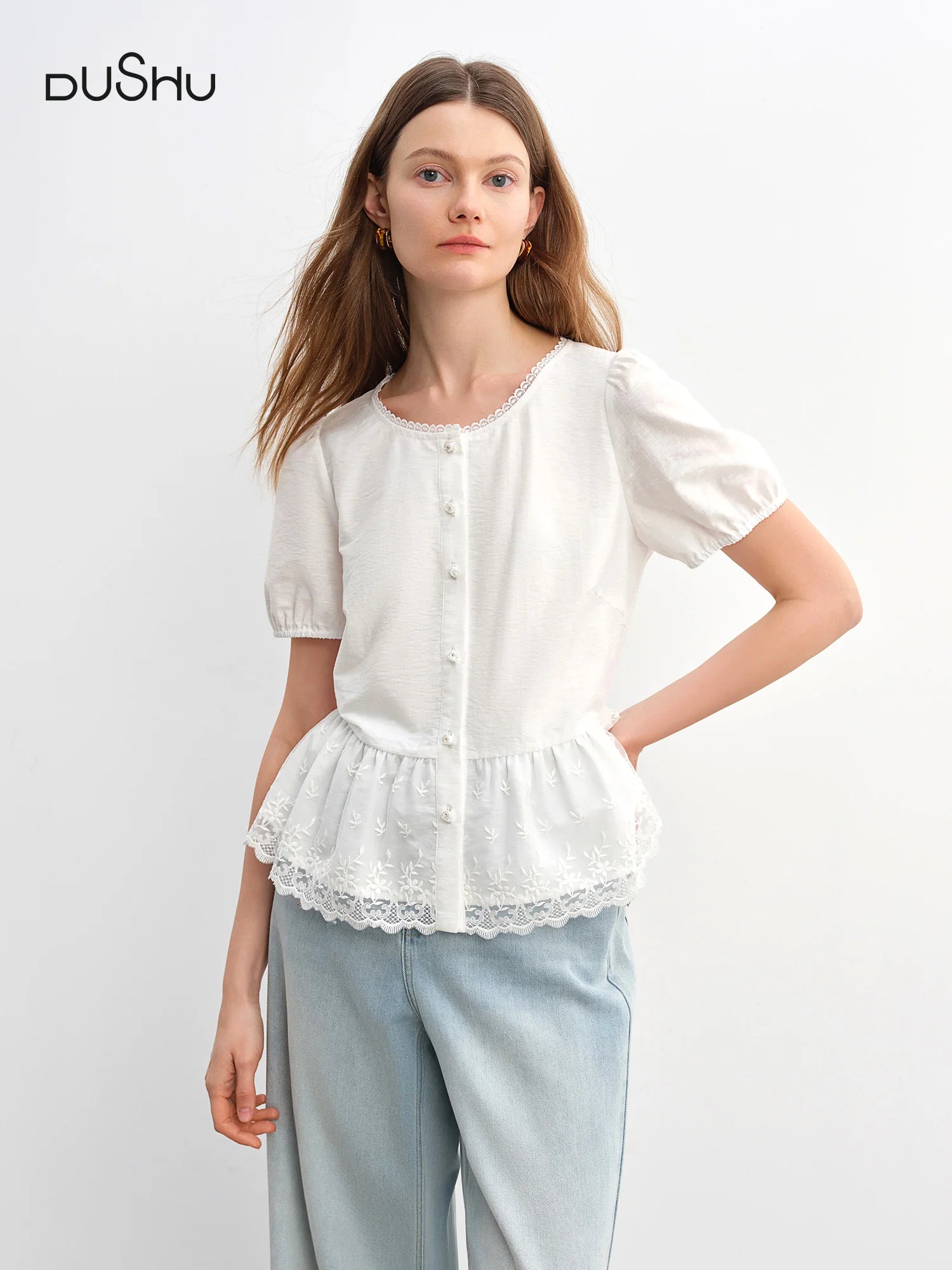DUSHU Summer 2025 Textured Blouse - Relaxed Fit Lace Contrast Panels Casual Short Sleeve Resort to Office Top