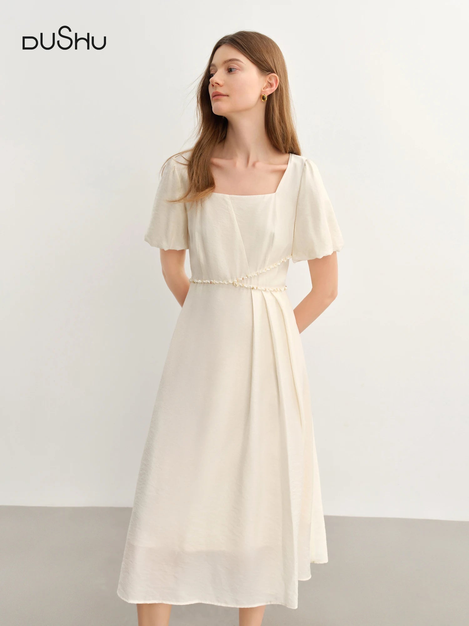 DUSHU Plus Size Women French Style Square Neck Shell Lace Dress 2025 Summer Elegant Temperament Medium Long Dress 25DS82722