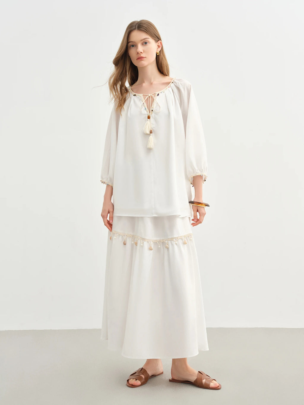 DUSHU Holiday Style Women Wave Playful Skirt Shell Lace Travel Long Skirt 2025 New Arrival A-line Umbrella Skirt 25DS82748