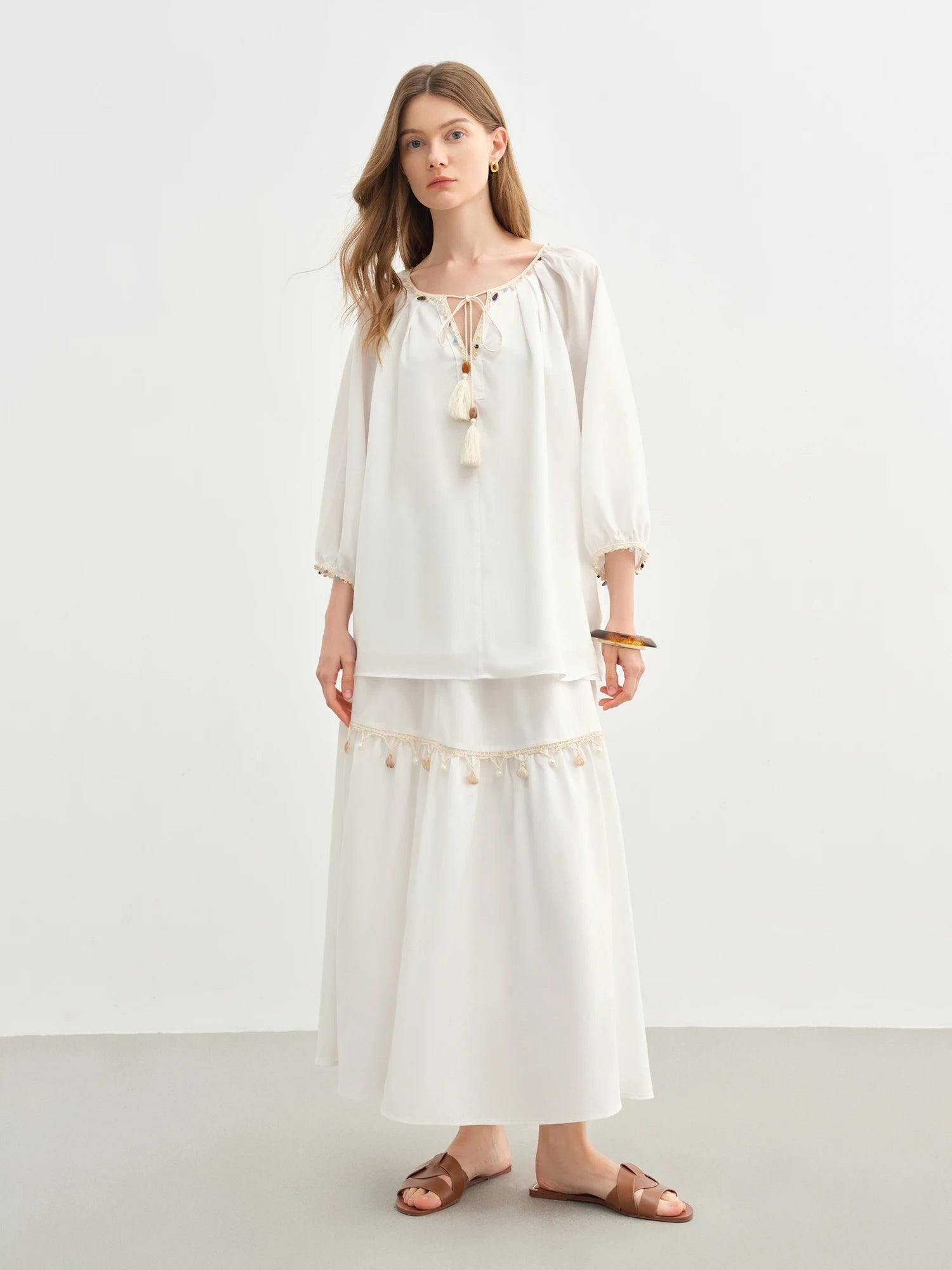DUSHU Holiday Style Women Wave Playful Skirt Shell Lace Travel Long Skirt 2025 New Arrival A-line Umbrella Skirt 25DS82748