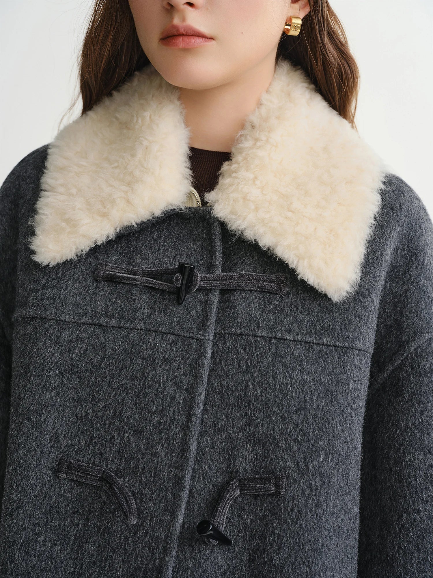 DUSHU 2025 Winter Women's Detachable Faux Fur Collar Toggle Button Wool Blend Coat - New Arrival Casual Elegant Outerwear