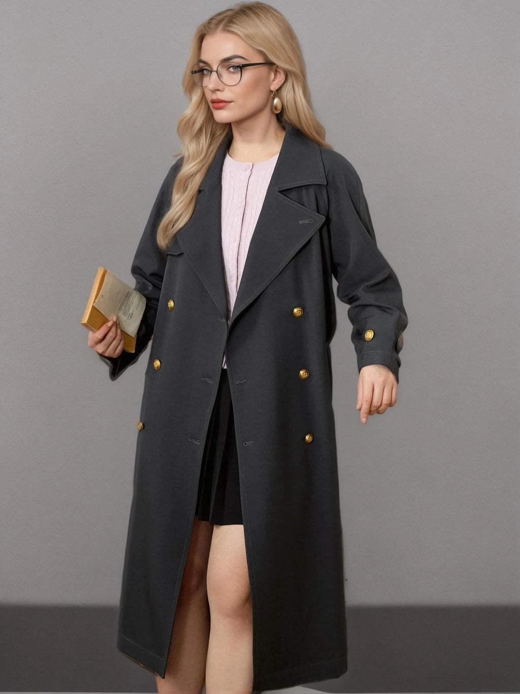 DUSHU Plus Size Women's Casual Double Breasted Trench 2025 Spring New Product Fashionable Long Casua Loose Trench 25DS81200