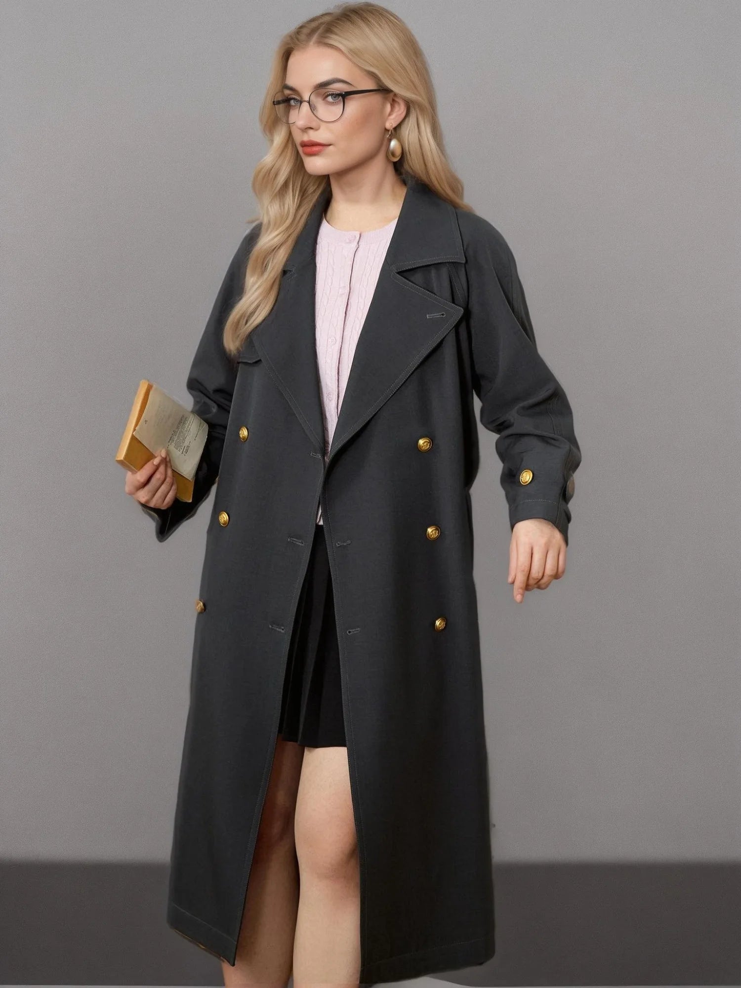 DUSHU Plus Size Women's Casual Double Breasted Trench 2025 Spring New Product Fashionable Long Casua Loose Trench 25DS81200