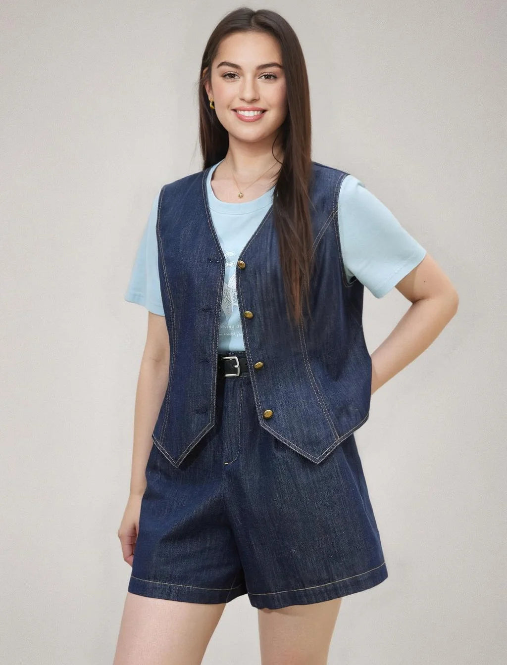DUSHU 2025 Summer Plus Size Women's Free Denim Vest & Jacket Set - Retro Casual Two-Piece Outfit for Street Chic