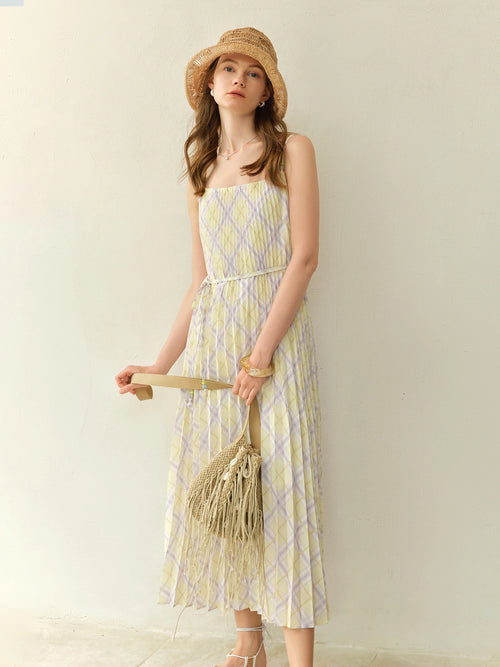DUSHU 2025 New Arrival Plus-size Rhombus Check Strap Dress for Women - Beach Resort Style, Perfect for Curvy Girls 25DS82406