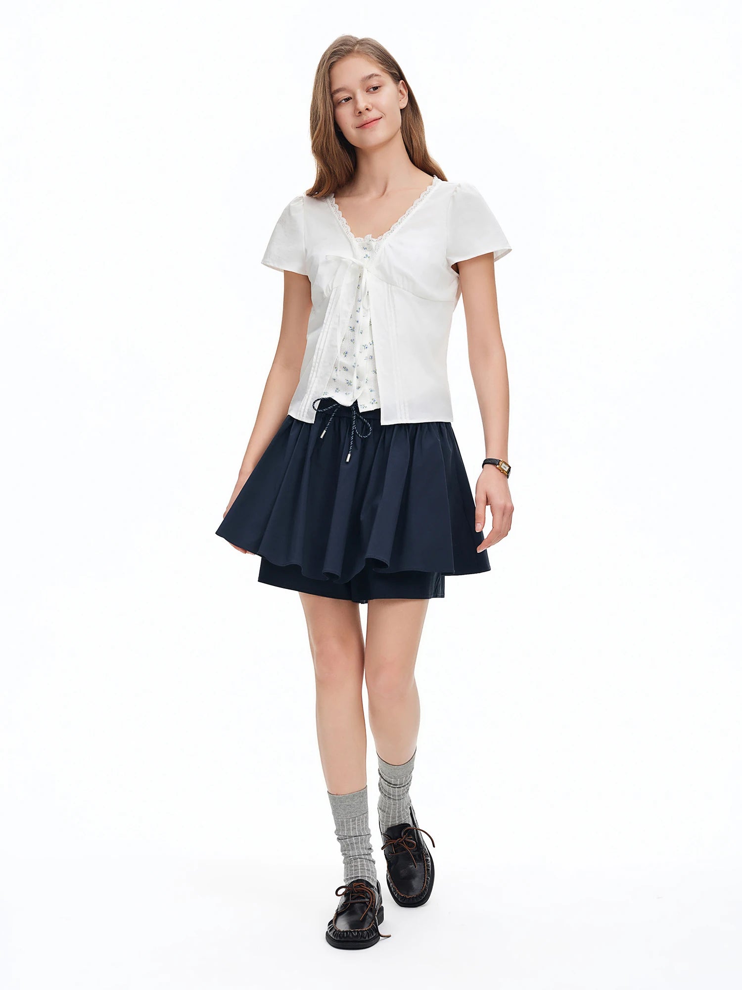 DUSHU Drawstring Pleated White Mini Skirt for Women 2026 Summer Fresh Preppy Style Simple Youthful Trendy Chic Korean