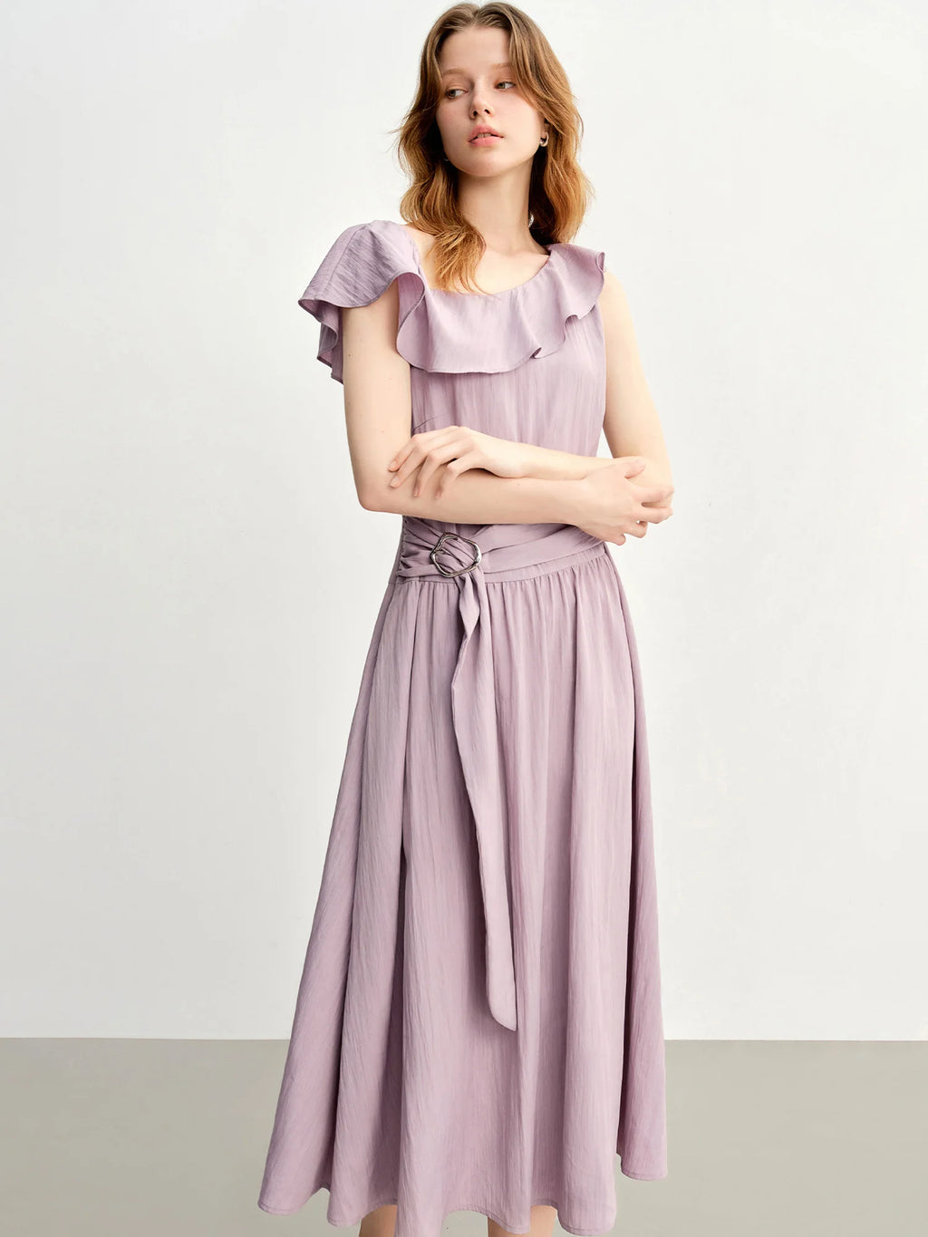 DUSHU Light Purple Romantic Ruffled Off-shoulder Sleeveless Dress 2025 Summer New Arrival Long Dress Holiday Season 25DS88013