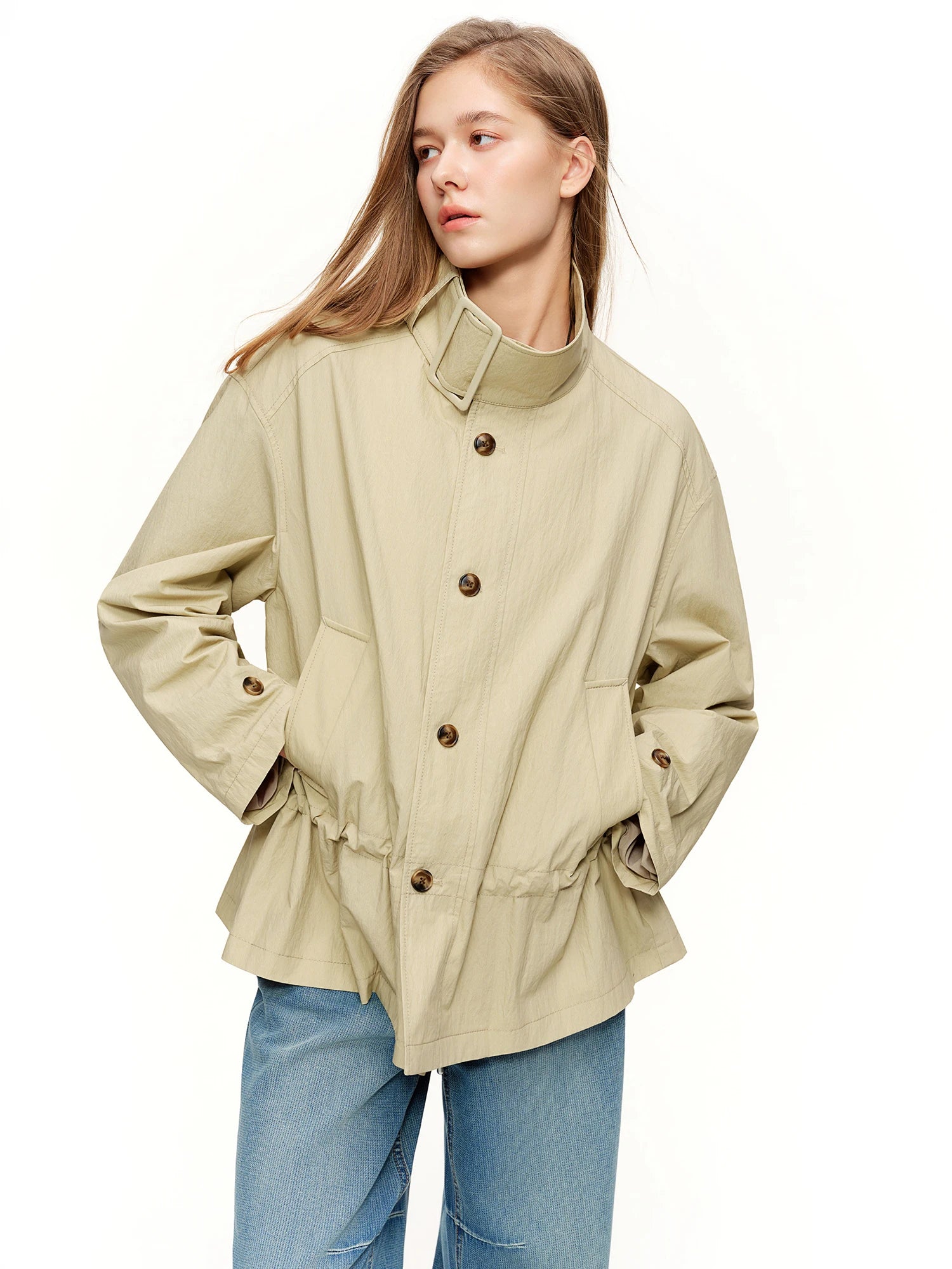 DUSHU Drawstring Trench Coat New Spring 2026 Cropped Trench Coat for Women Loose Classical Commuting Outwear Cotton Soft