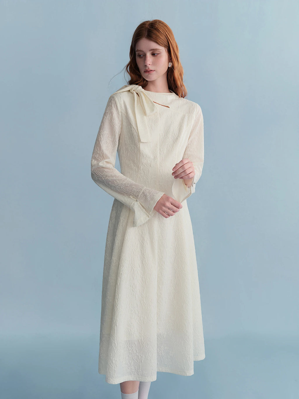 DUSHU Embossed Textured Ribbon Beige Dress Women Plump Temperament Mid-calf French Style Long Sleeve Elegant Commuting Solid