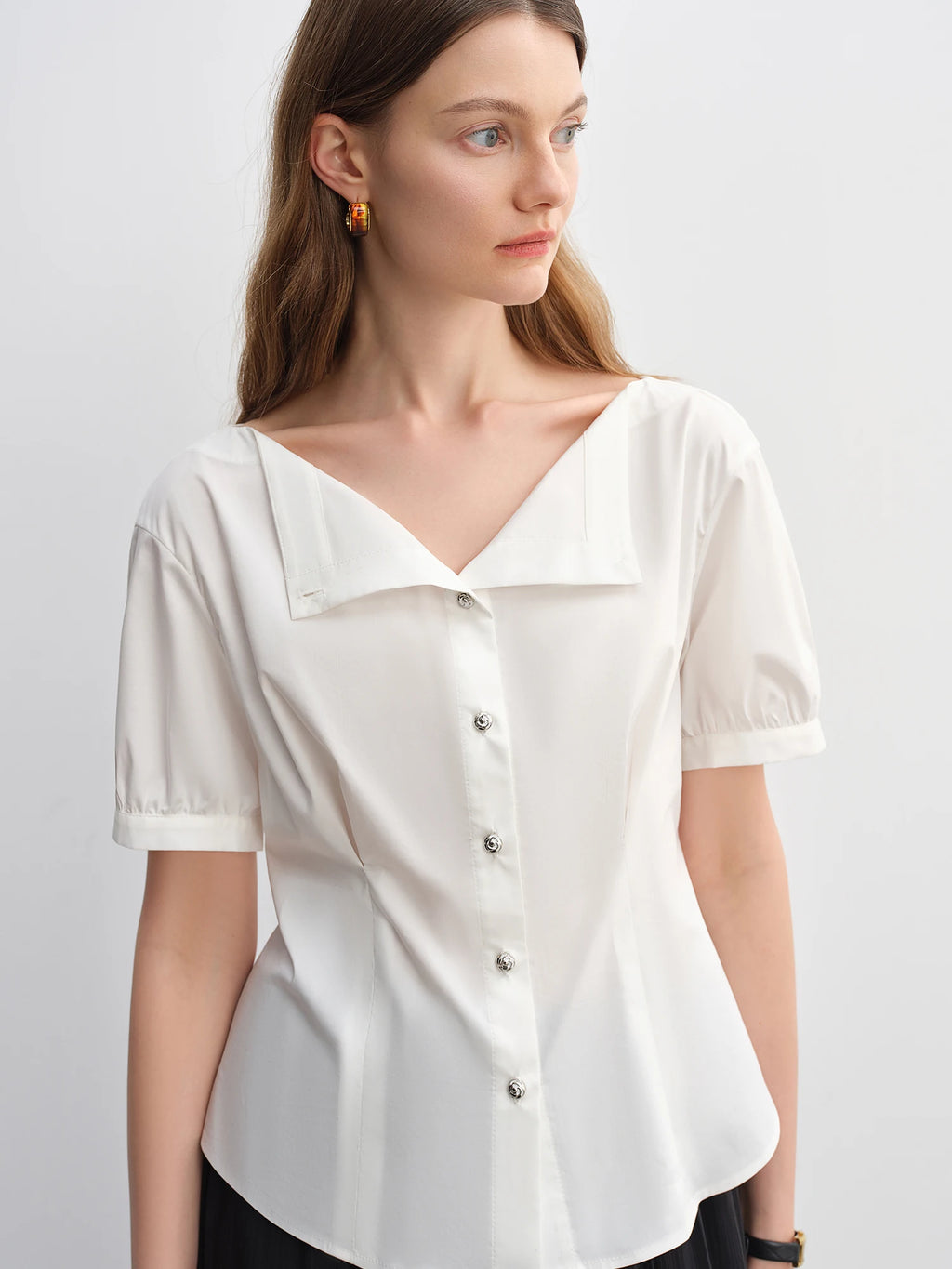 DUSHU Simple Elegance Solid Color Strapless Slim-Fit Summer Top Women Shirts Black White Blouses Tees 25DS82987