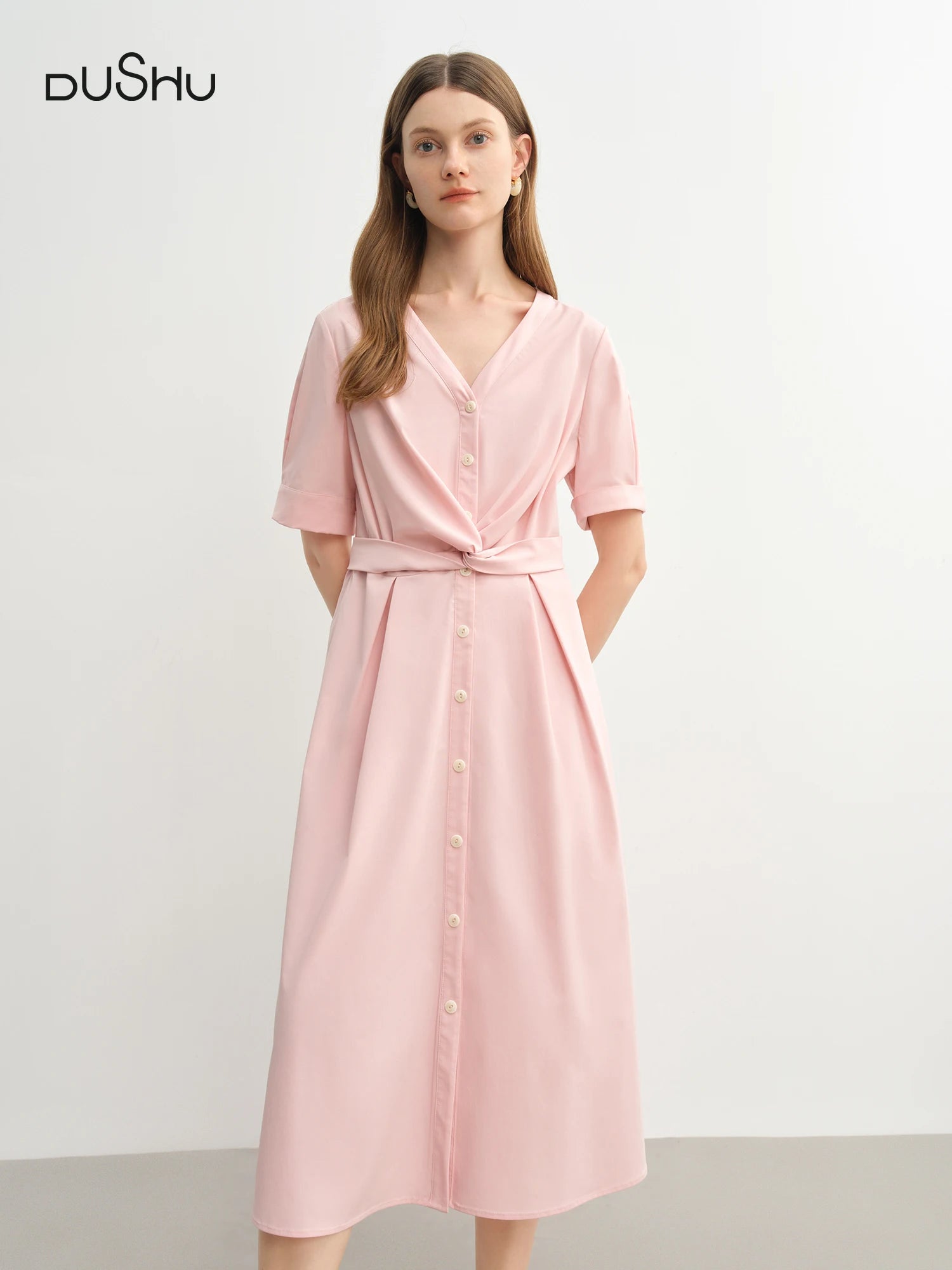 DUSHU Women's Simple Design Knot Pink Dress Plus Size Female 2025 Summer Dress French Style Elegant 25DS82367