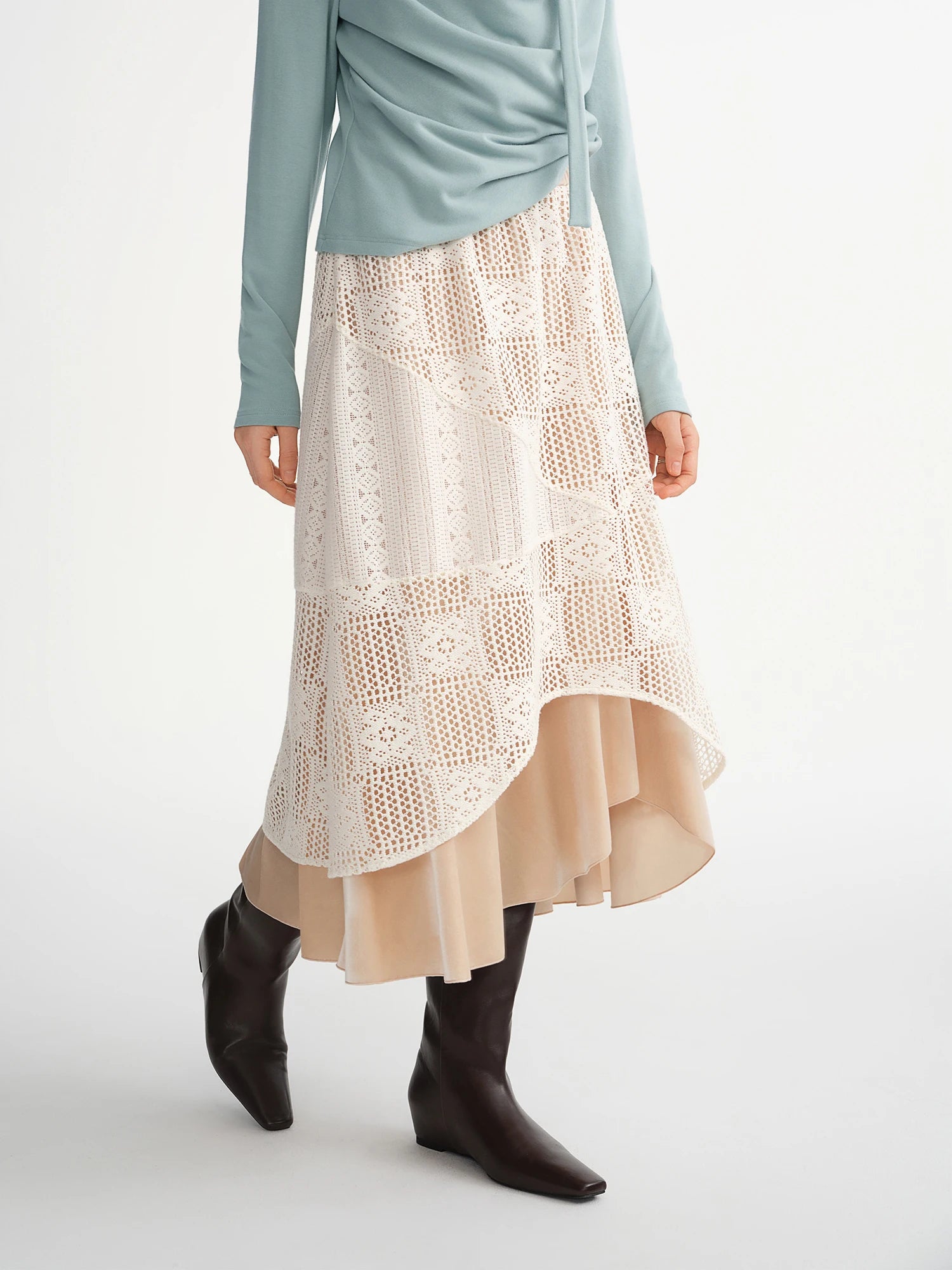 DUSHU Plus-Size Women Soft Blossoms Double Layer Lace Crochet Asymmetric Skirt Elegant Stylish Design Inspired Retro Fashion