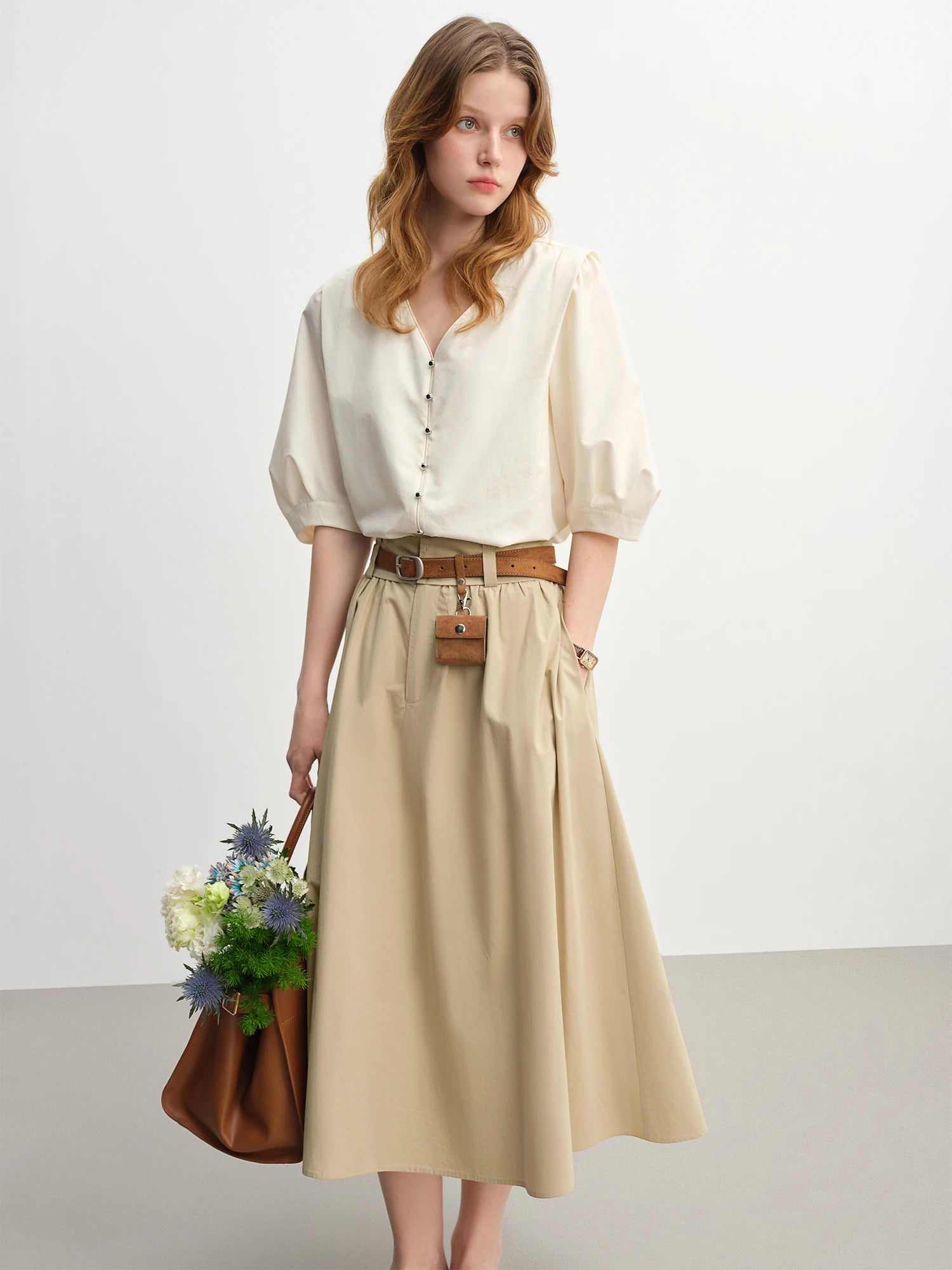 DUSHU V-neck Blouse Half Sleeve Solid Simple Ins Korean Style 2025 Autumn New Fashion Commuting All-match Slim Tops 25DS83178