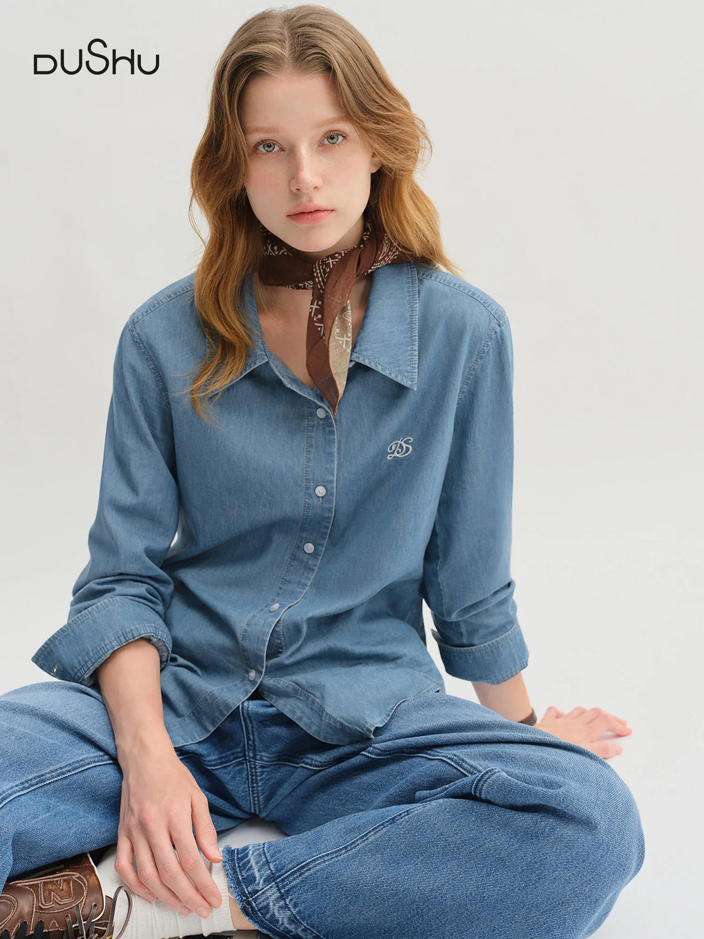 DUSHU Plus Size Double Collar Design Denim Shirt For Women 2025 New Arrival Autumn French Style Top 25DS83269+25DS83083