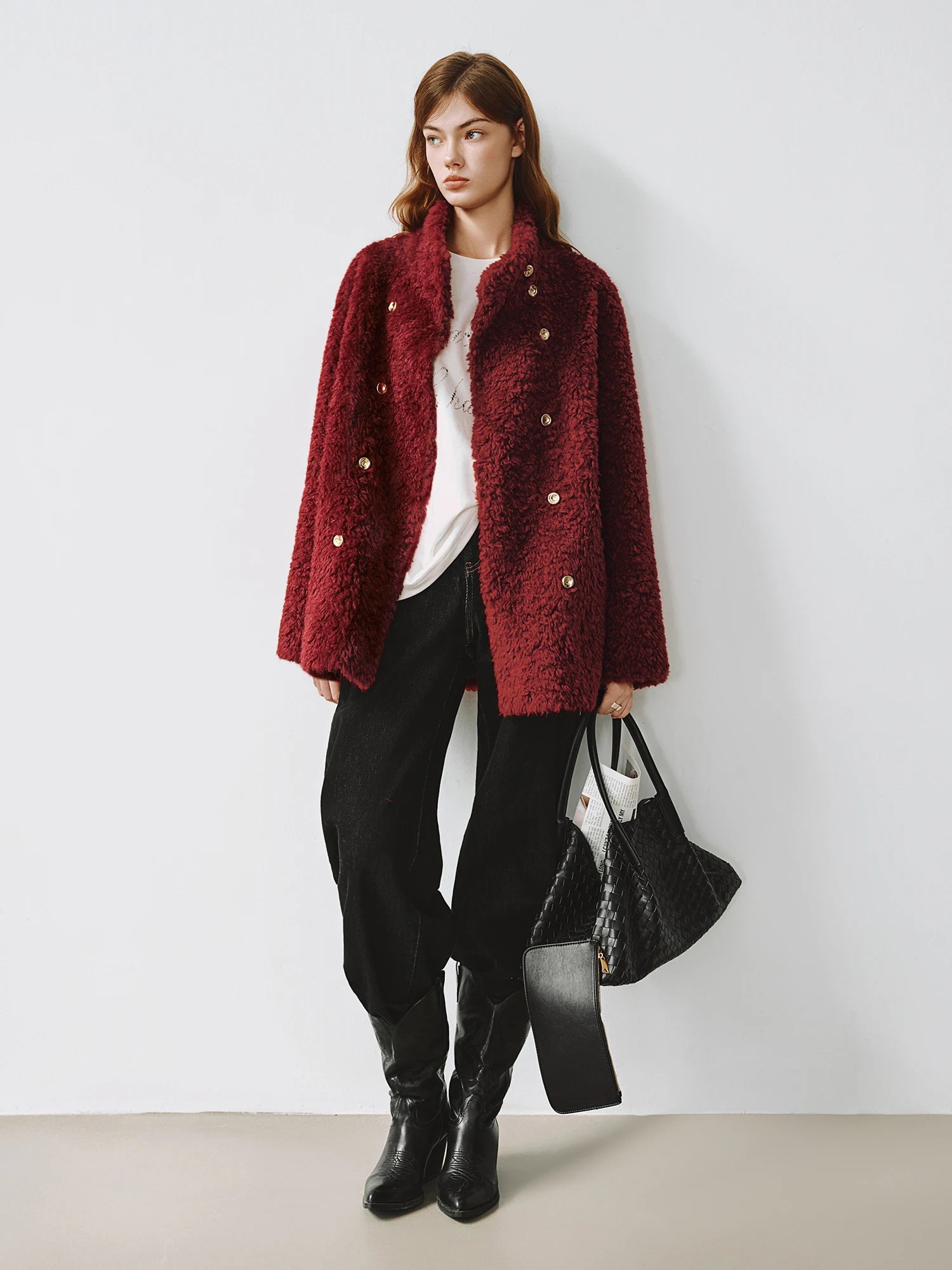 DUSHU Plus Size Burgundy Faux Fur Thick Coat Red New Year Outfit Winter Warm Top Vintage Daily Loose Temperament Stylish