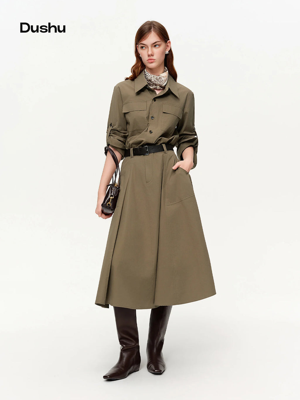 DUSHU 【Urban Rhythm】Workwear Style Faux Two Piece Shirt Dress Spring Vibes Notched Lapel Mid-Length Dress 2026 New Arrival Dress