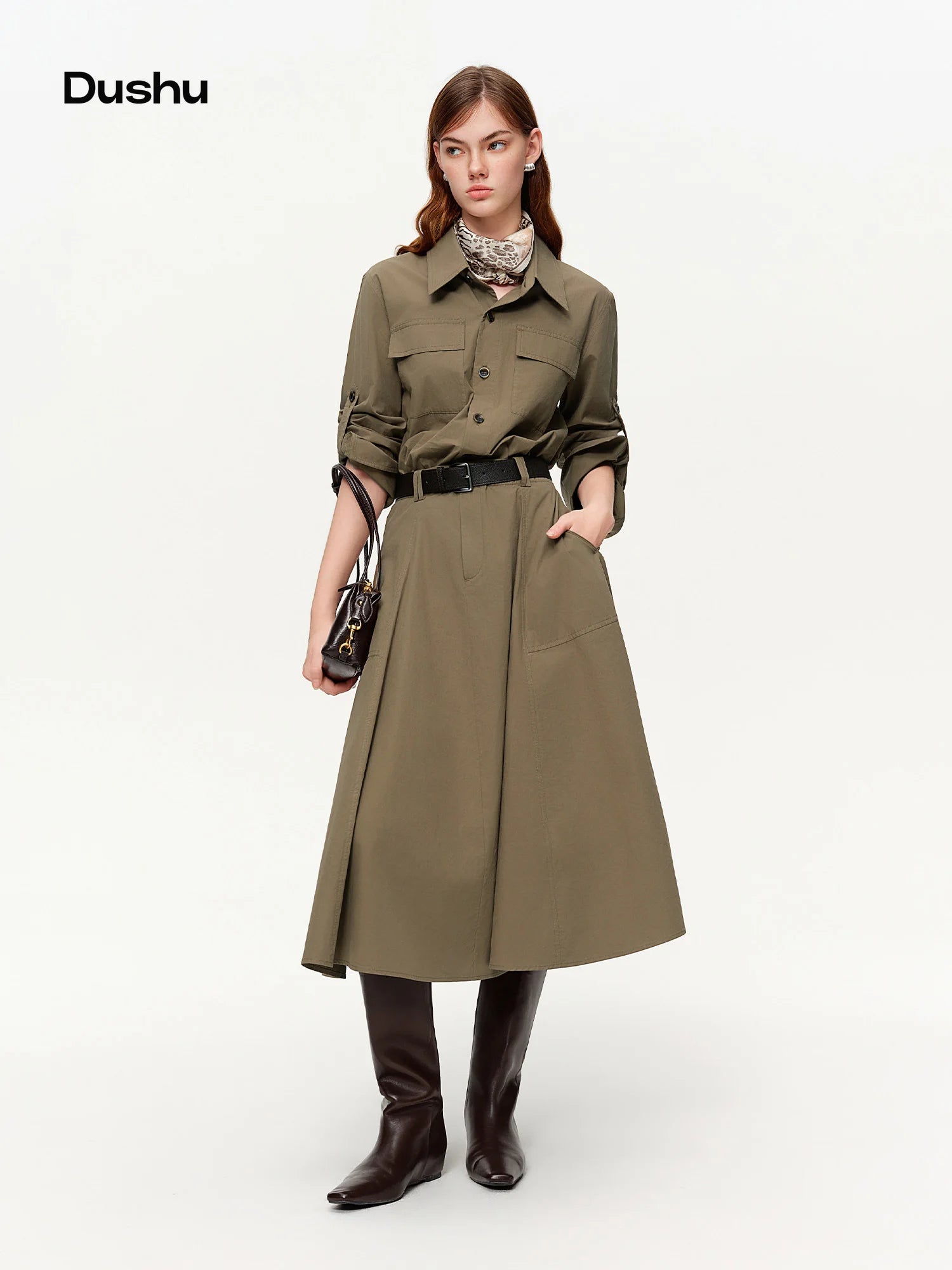 DUSHU 【Urban Rhythm】Workwear Style Faux Two Piece Shirt Dress Spring Vibes Notched Lapel Mid-Length Dress 2026 New Arrival Dress
