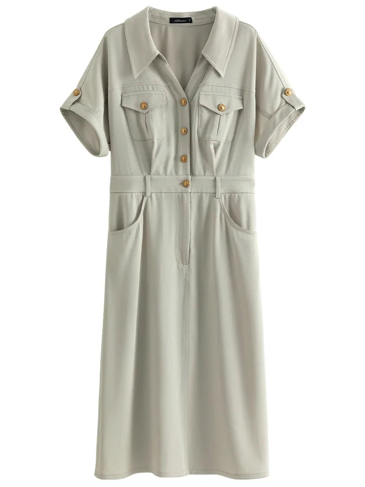 DUSHU 20.6% Acetate Women Khaki Temperament Long Single Breasted Dresses Turn-Down Collar Short Sleeve Women Dress 24DS82361