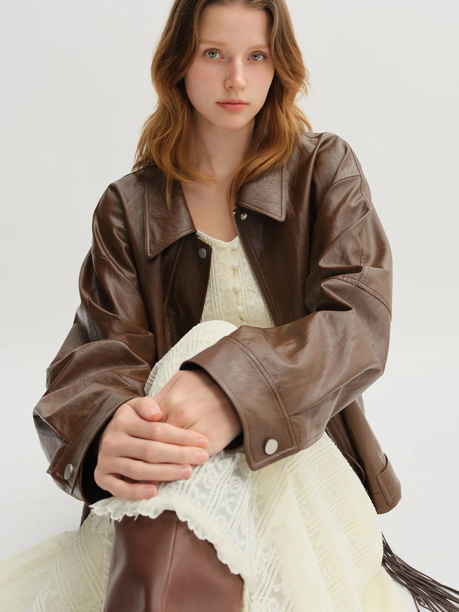 DUSHU Retro Edgy Vibe 2025 Women's Two-Tone Faux Leather Jacket - Vintage Inspired Cropped Biker Coat for Office Casual