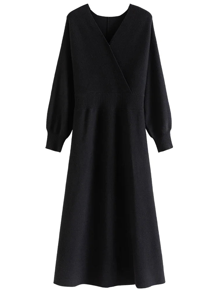 DUSHU Office Lady Women's Hepburn Style Style V-Neck Knitted Dress Autumn Winter New Slim Black Dress For Women High Waist