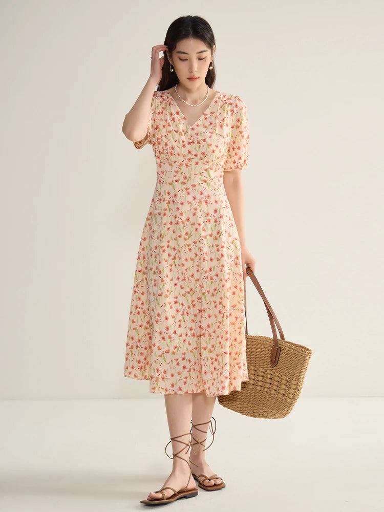 DUSHU Floral Long Dress Summer Women Elegant Cotton Print Dresses Boho V-Neck Casual A-LINE Dress 24DS82471+24DS82438