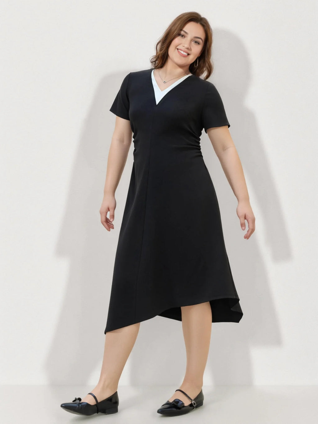 DUSHU 2025 Summer Plus Size Women Minimalist Two-Piece Layered Dress Slimming Asymmetrical Hem Flowy Maxi Dress for Curvy Figure