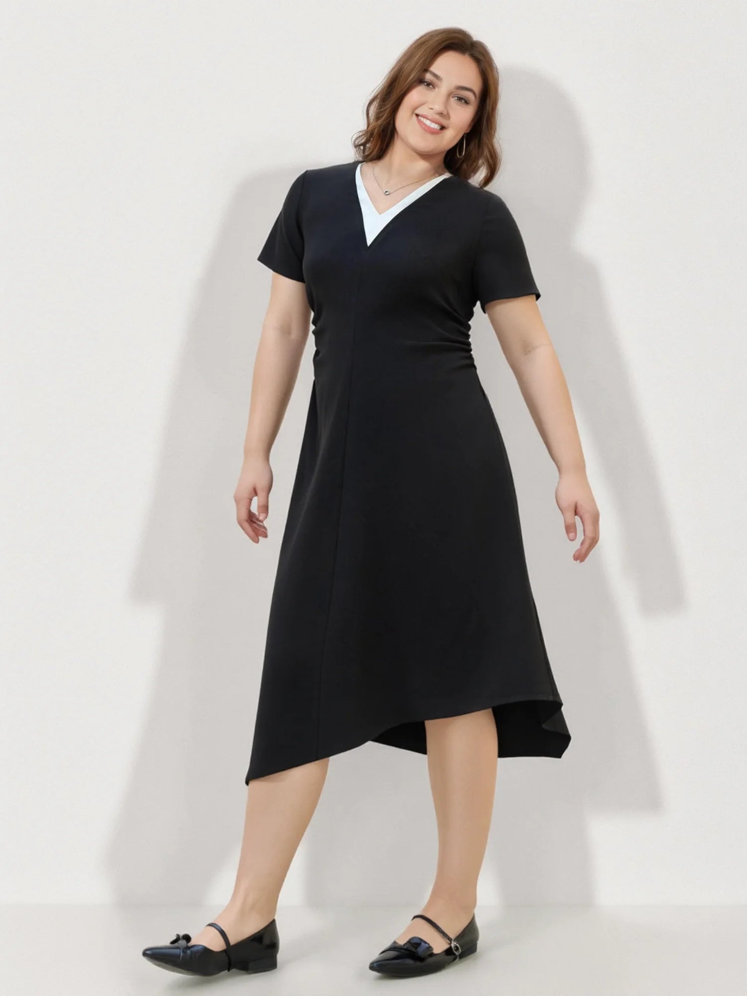 DUSHU 2025 Summer Plus Size Women Minimalist Two-Piece Layered Dress Slimming Asymmetrical Hem Flowy Maxi Dress for Curvy Figure