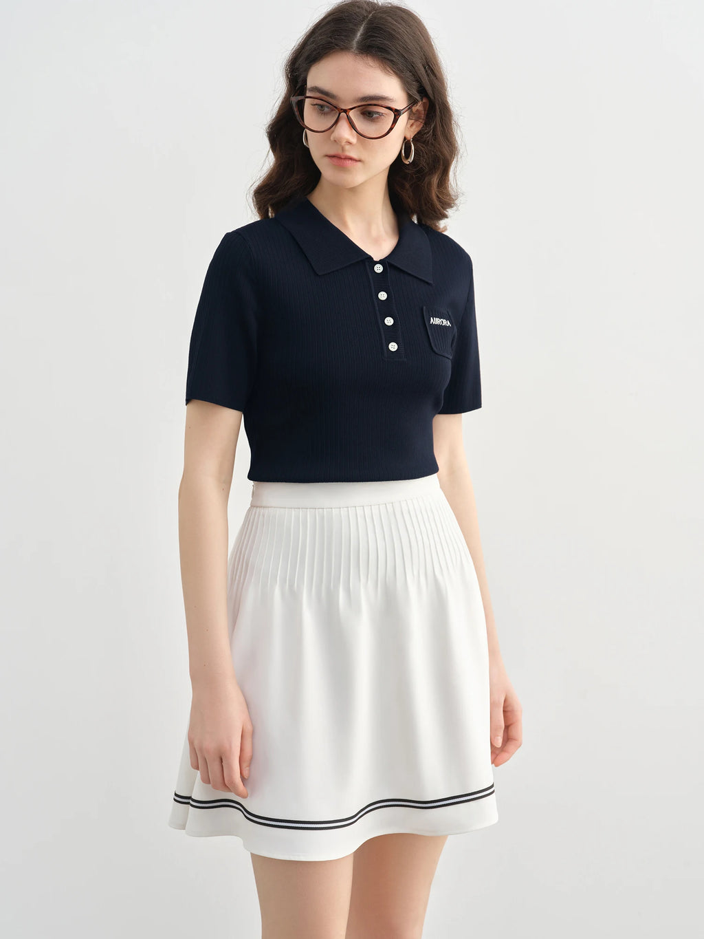 DUSHU Plus-Size Women's Preppy High-Waisted Contrast Fabric Skirt - Slimming 2025 Summer New Design White Skirts 25DS82441