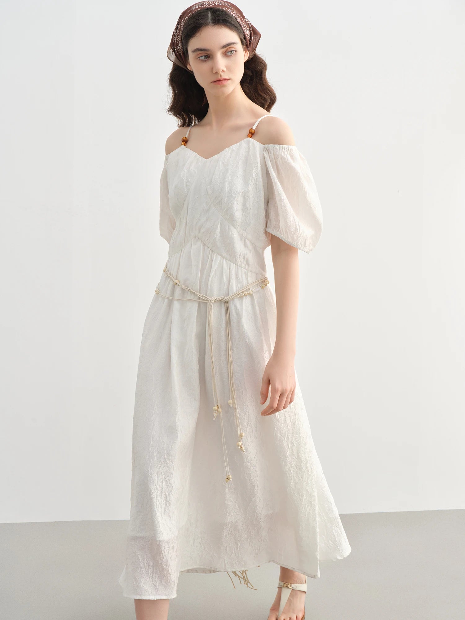DUSHU 2025 Summer Plus-Size French-Inspired Textured Dress - Elegant Puff Sleeves & Breathable Acetate Blend 25DS82300