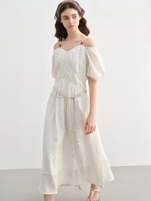 DUSHU 2025 Summer Plus-Size French-Inspired Textured Dress - Elegant Puff Sleeves & Breathable Acetate Blend 25DS82300