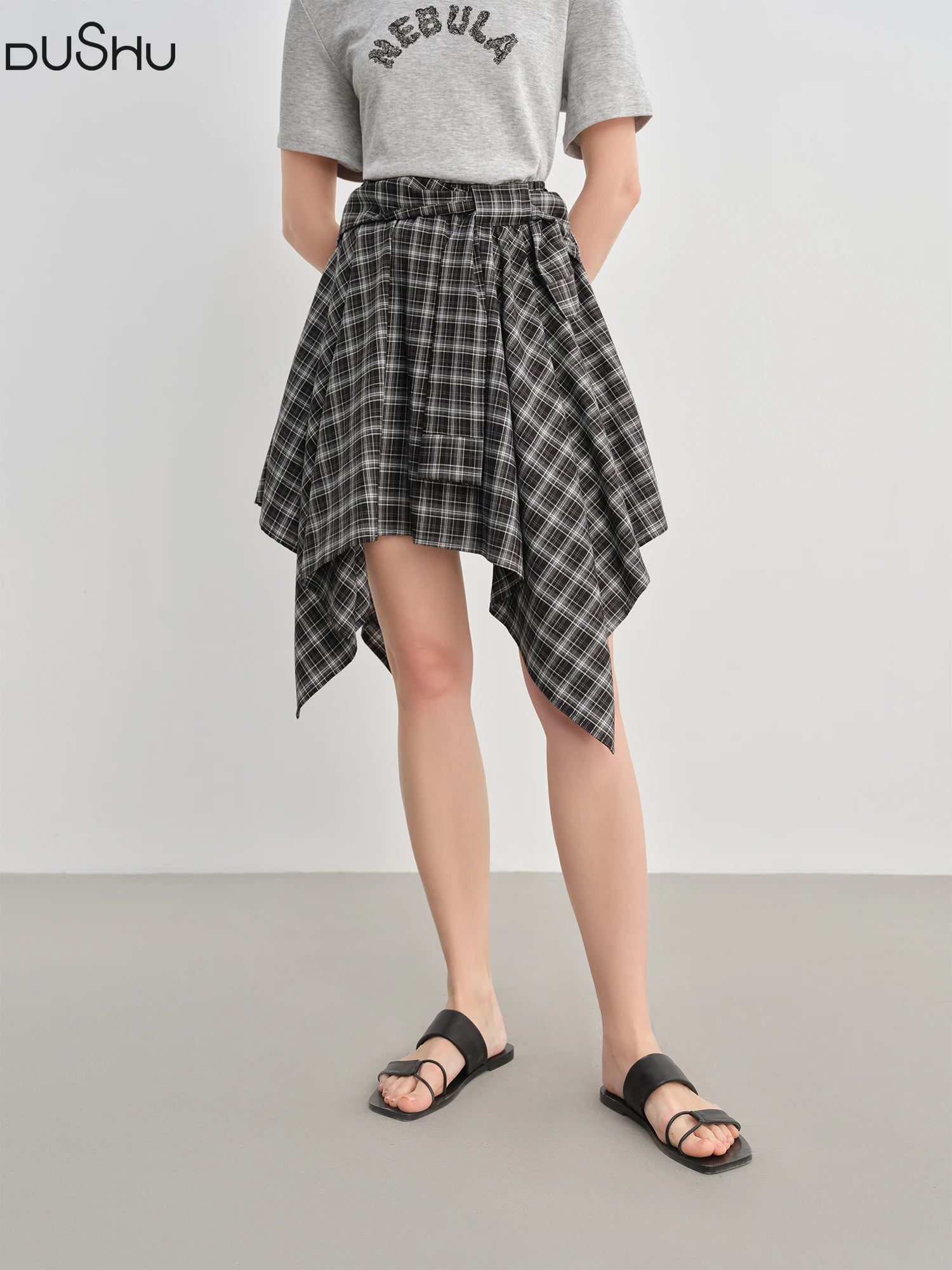 DUSHU Plus-Size Women's Vintage Black & White Color Clash Empire-Waisted A-Line Skirt - Summer 2025 New Arrival 25DS82773