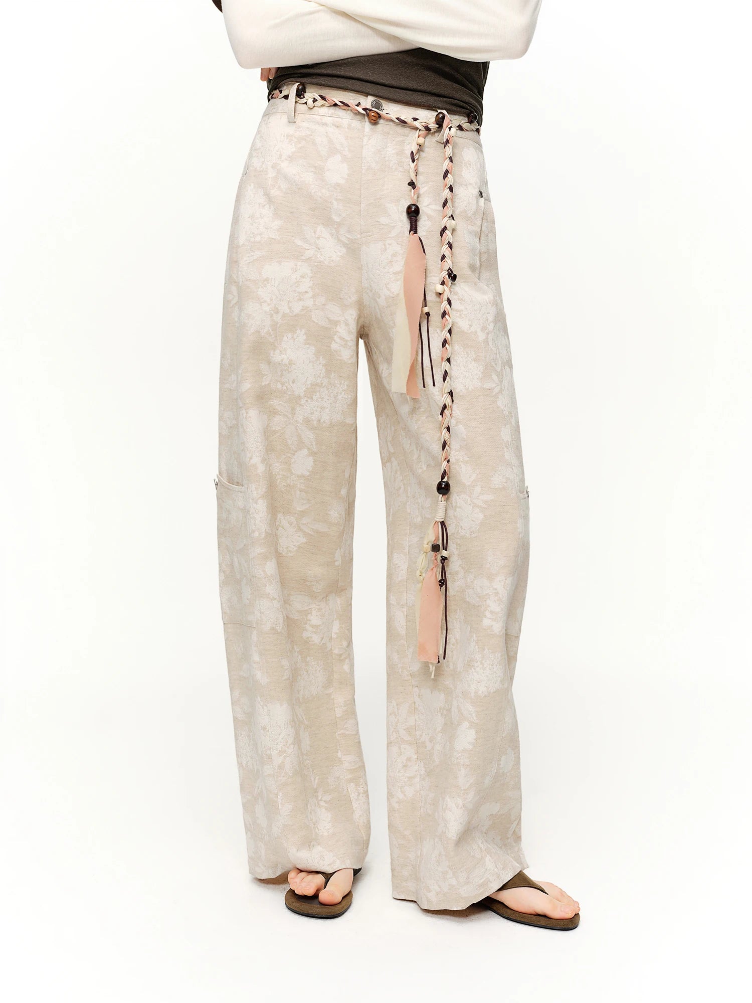 DUSHU Linen Retro Jacquard Casual Workwear Wide-leg Pants Women Drawstring 2026 Spring New Arrivals Fashionable Commuter Pants