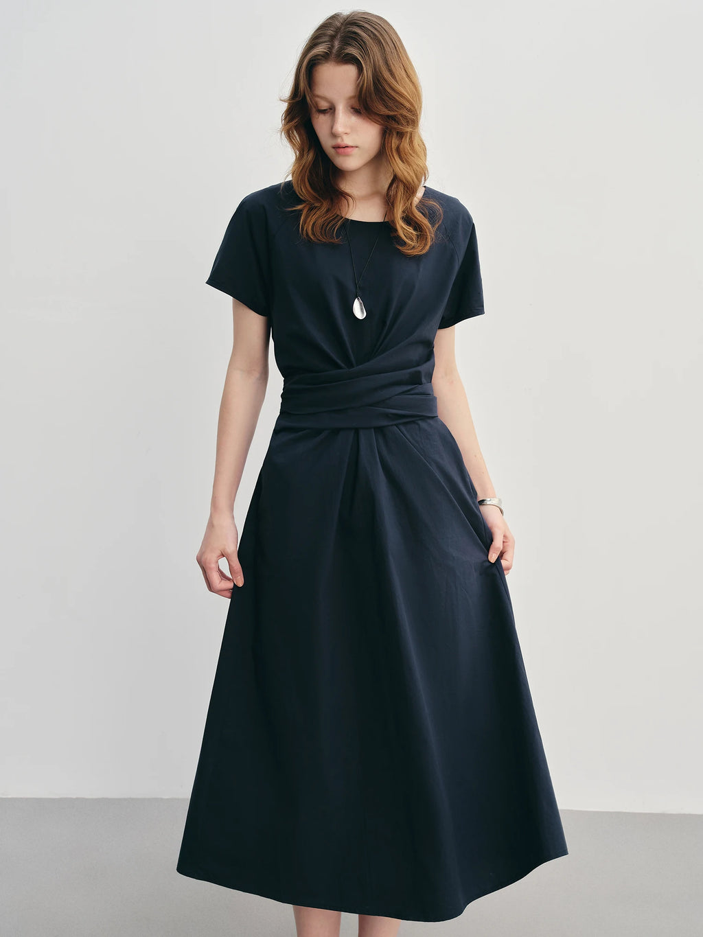 DUSHU Women's Pleated Tie HIgh Waist Mid-length Dress For Women 2025 Summer New Waist Slimming Irregular Dress 25DS88012