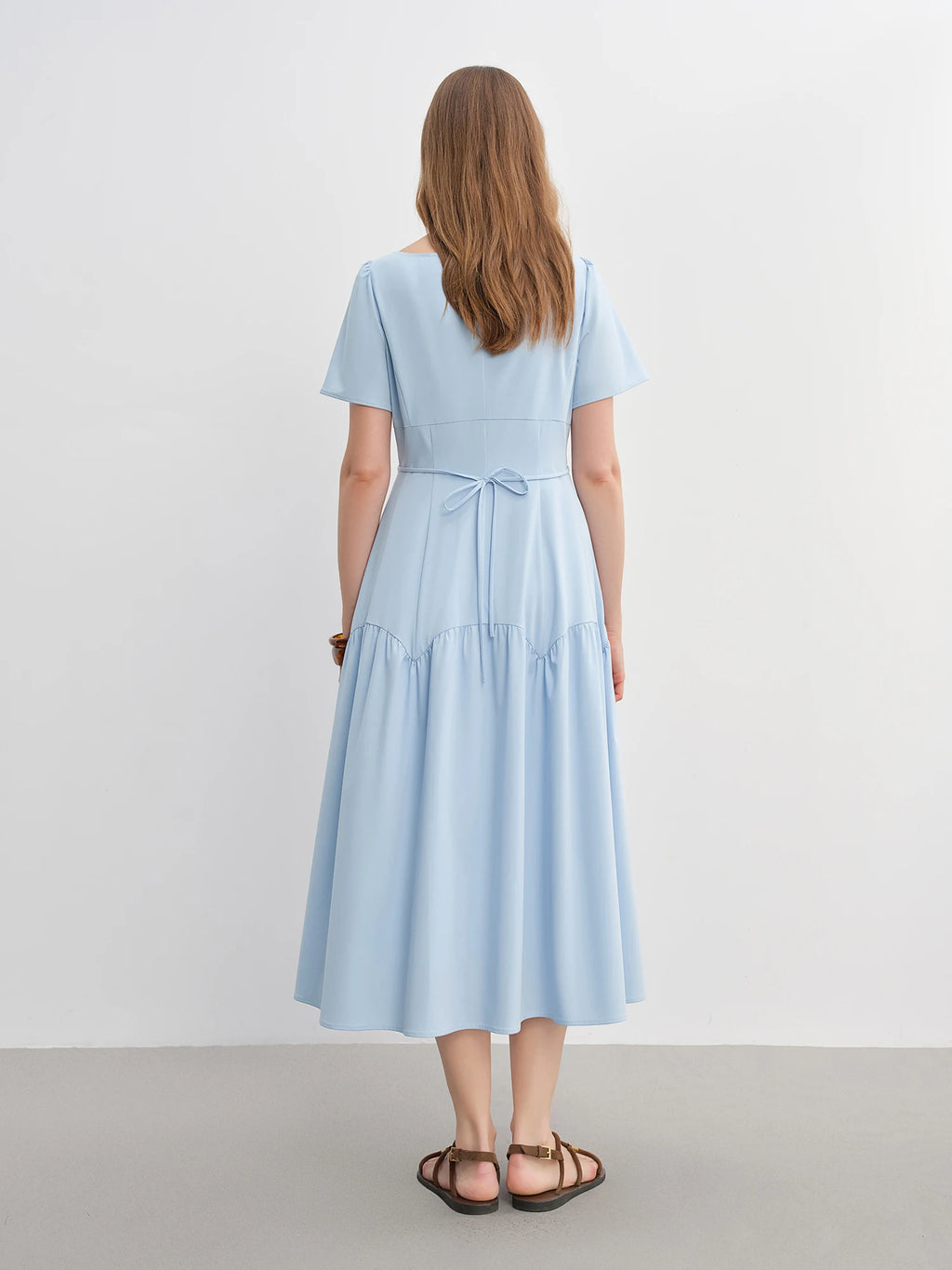 DUSHU Romantic Simple Dress 2025 Summer Dress Sky Blue Temperament Waist Slimming Dress 25DS82844