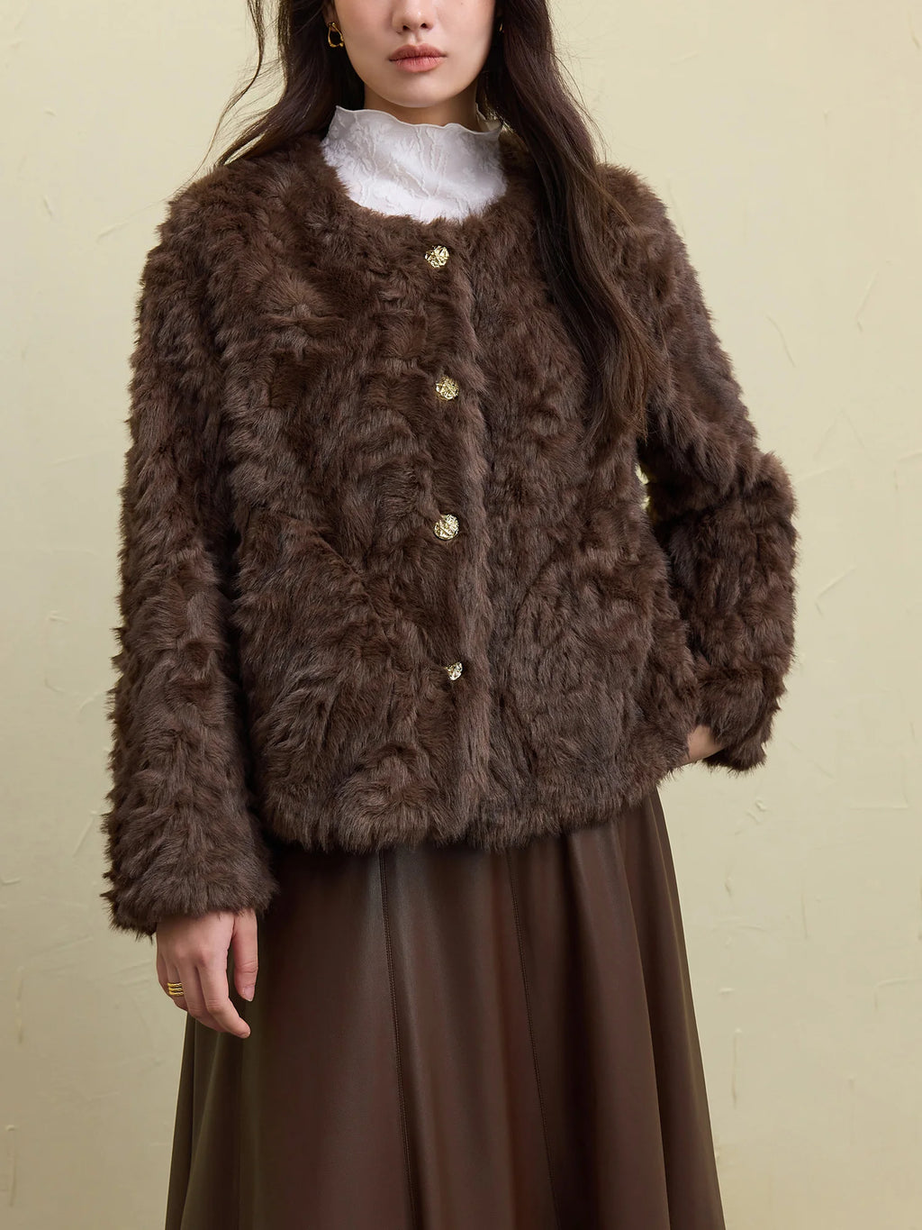 DUSHU Women Faux Fur Jacket Retro Brown Winter Thicken Round Neck Short Coats Office Lady Short Grey Temperament Coat 24DS84643