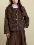 DUSHU Women Faux Fur Jacket Retro Brown Winter Thicken Round Neck Short Coats Office Lady Short Grey Temperament Coat 24DS84643