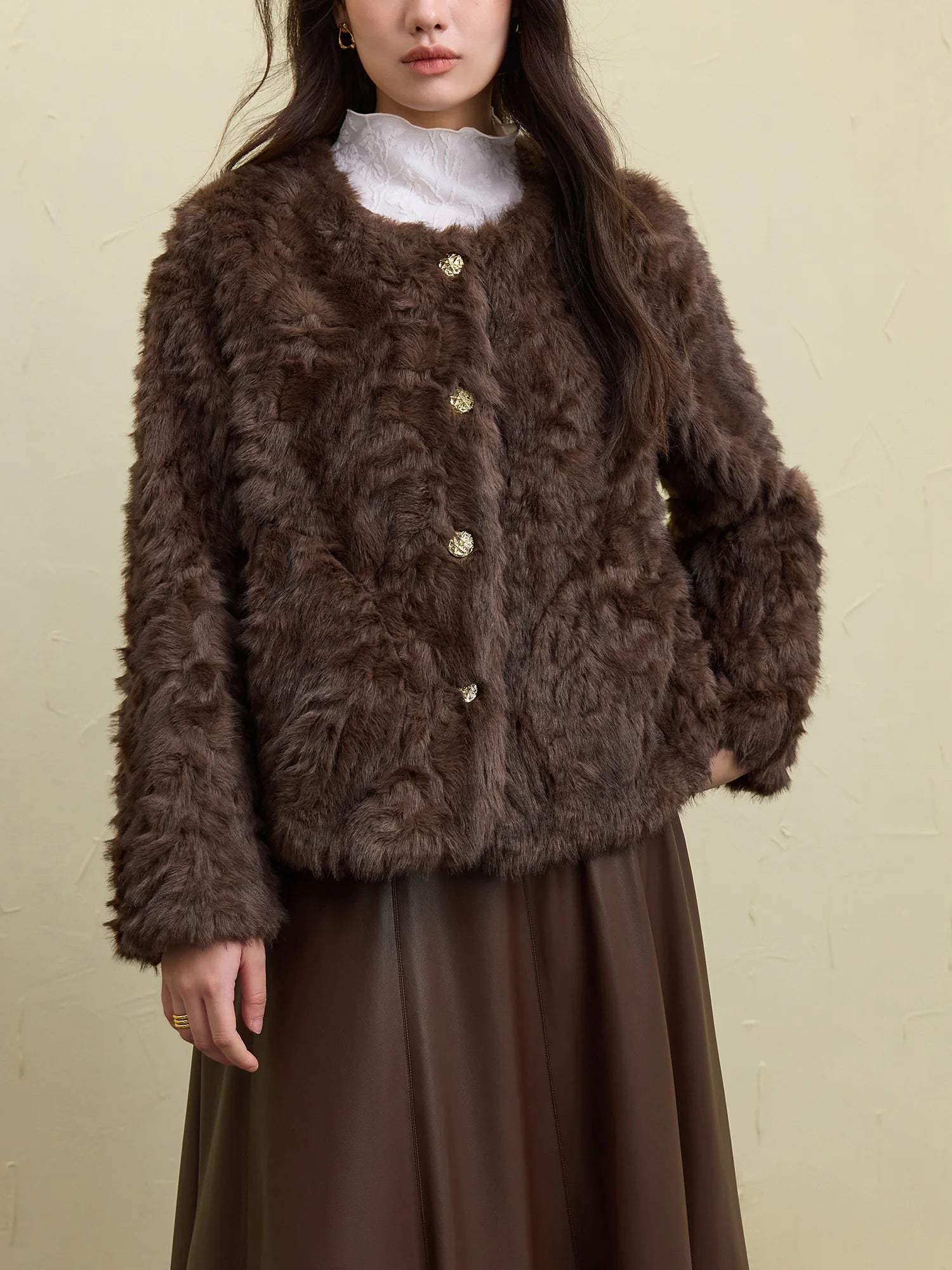 DUSHU Women Faux Fur Jacket Retro Brown Winter Thicken Round Neck Short Coats Office Lady Short Grey Temperament Coat 24DS84643