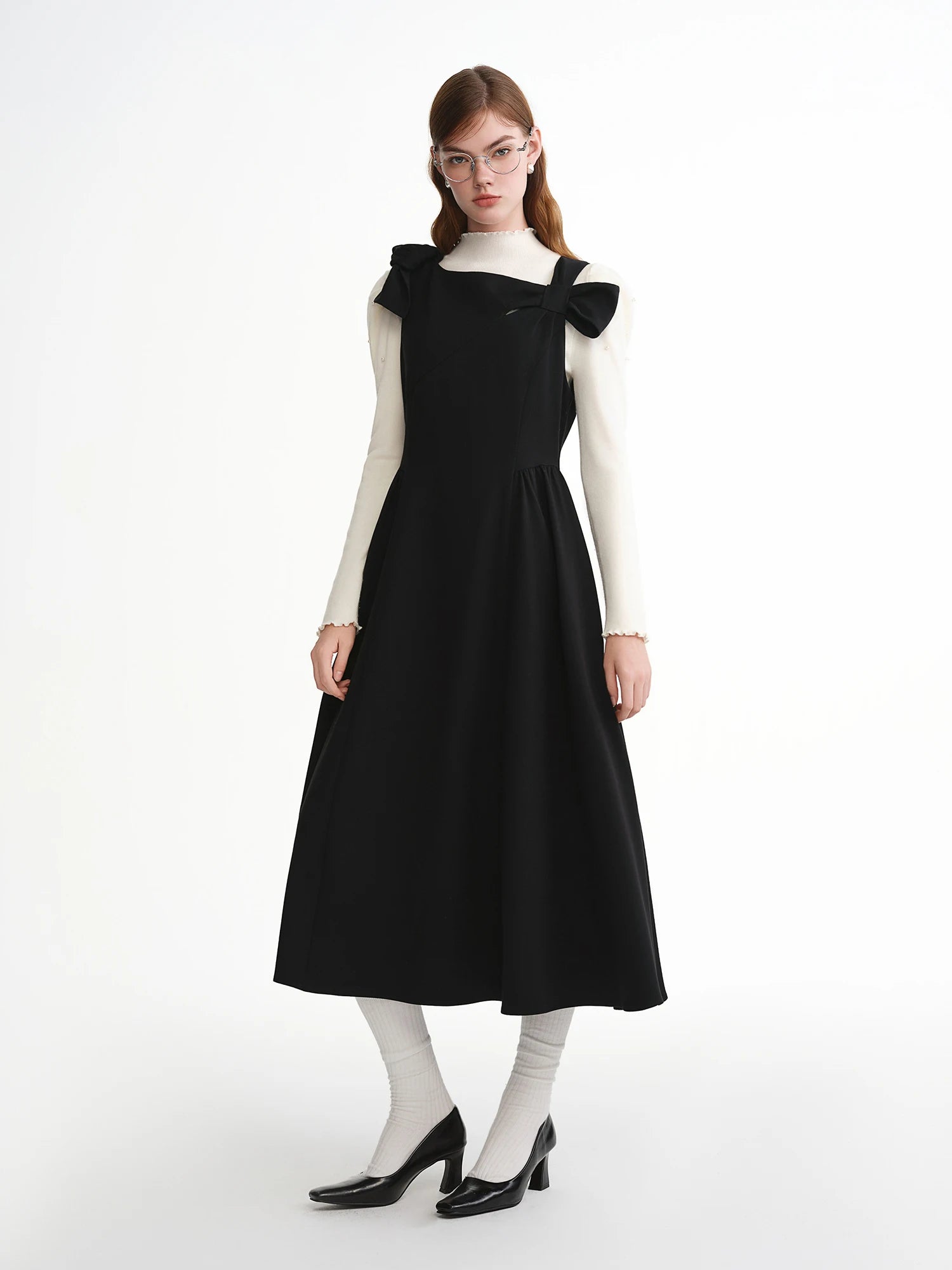 DUSHU 2025 Winter Women's Bow Detail Party Wear Dress for Office - Elegant Bowknot Cocktail Dress with Long Sleeves and A-Line