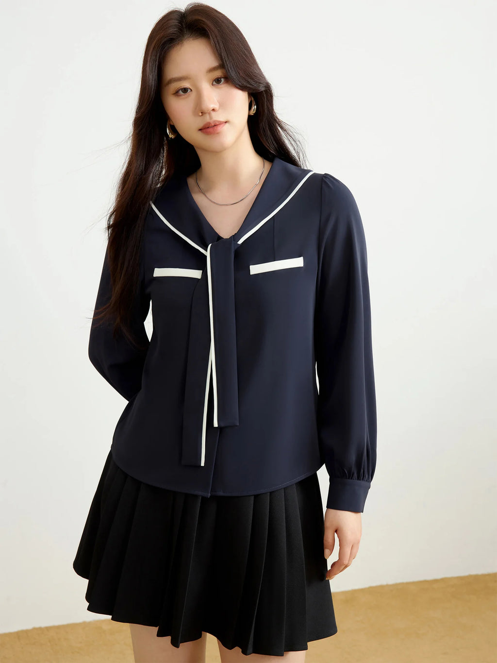 DUSHU Women Spring Chiffon Blouses Preppy Style Navy Collar SLong Sleeve Shirt 2025 Spring Female Long Sleeve Tops 25DS81156
