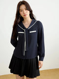 DUSHU Women Spring Chiffon Blouses Preppy Style Navy Collar SLong Sleeve Shirt 2025 Spring Female Long Sleeve Tops 25DS81156