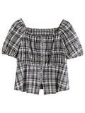 DUSHU 2025 Summer Women's Curve-Sculpting Square Neck Blouse - Contrast Checkerboard & Breathable Knit for Versatile Styling
