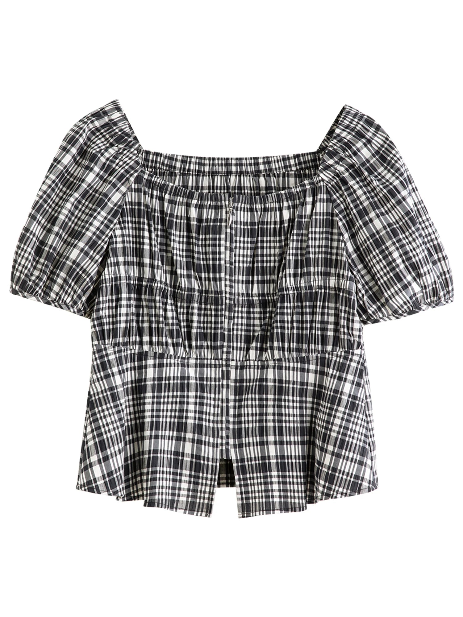 DUSHU 2025 Summer Women's Curve-Sculpting Square Neck Blouse - Contrast Checkerboard & Breathable Knit for Versatile Styling