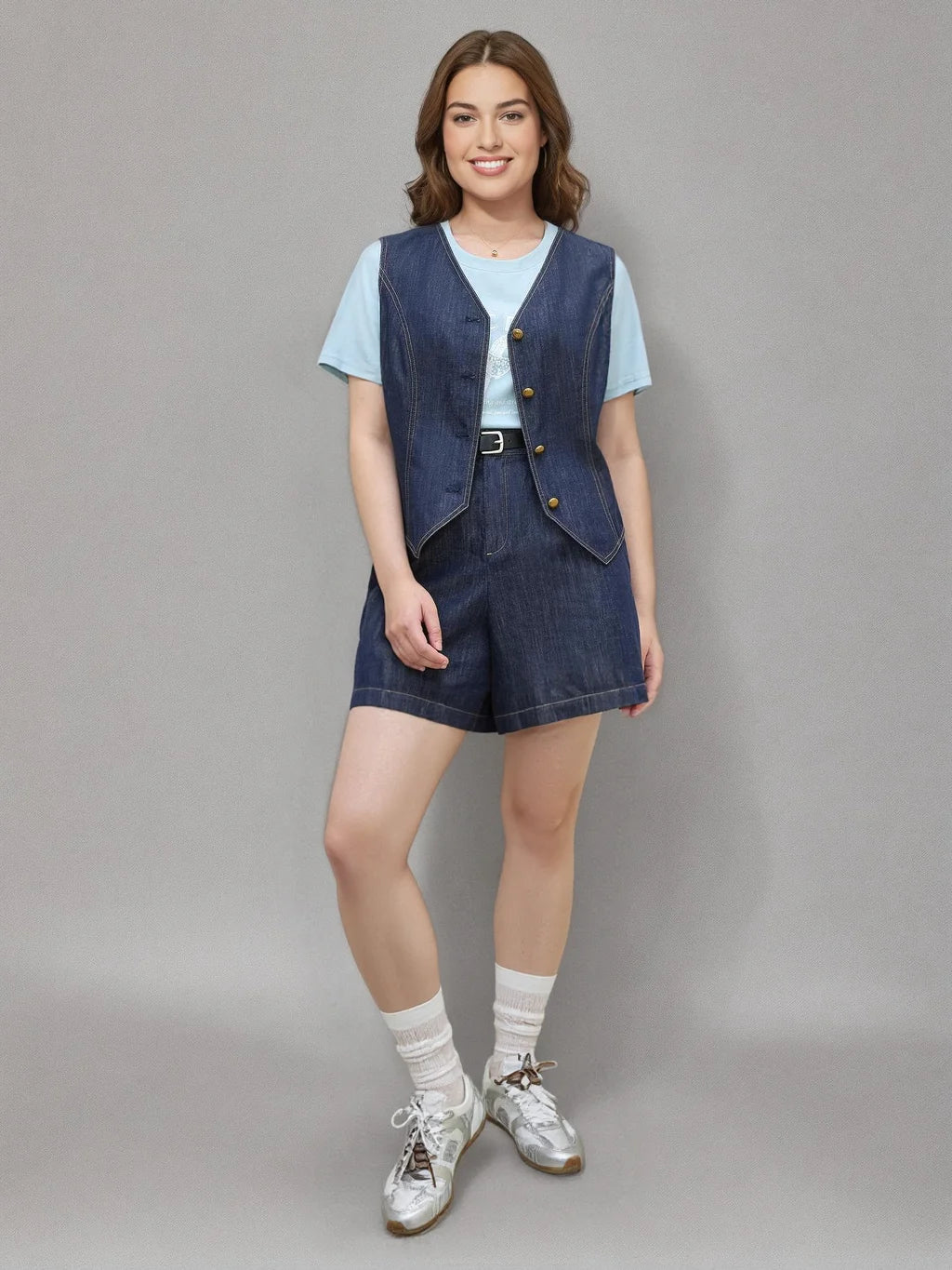 DUSHU 2025 Summer Plus Size Women's Free Denim Vest & Jacket Set - Retro Casual Two-Piece Outfit for Street Chic