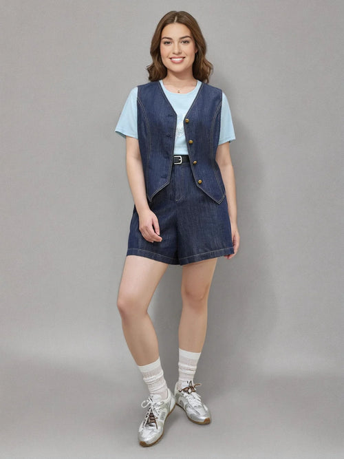 DUSHU 2025 Summer Plus Size Women's Free Denim Vest & Jacket Set - Retro Casual Two-Piece Outfit for Street Chic
