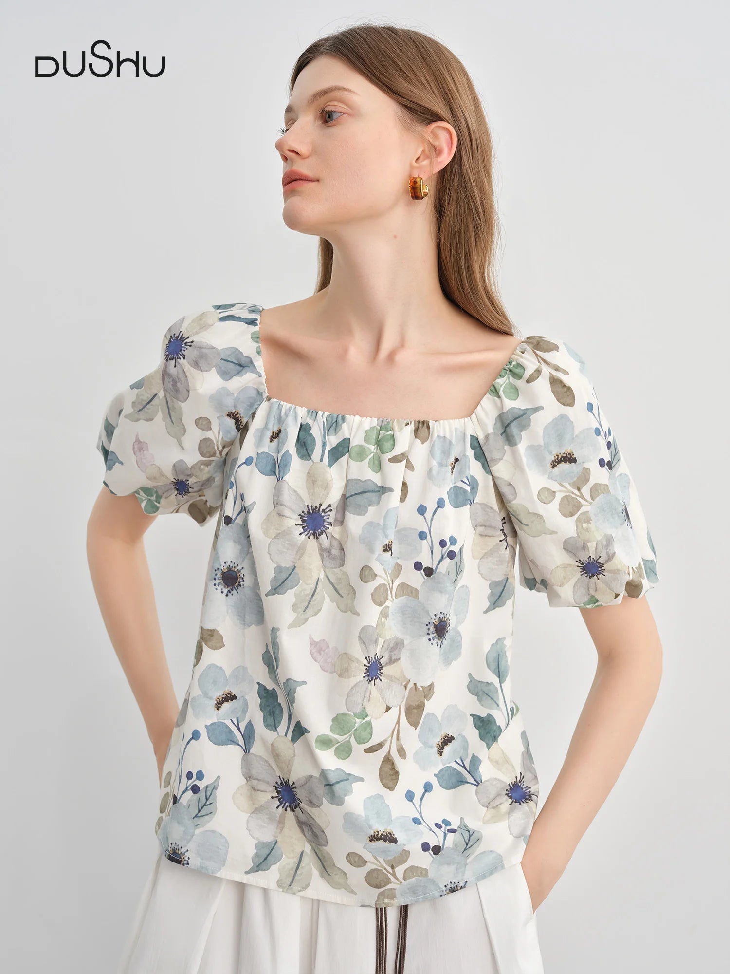 DUSHU Women's Clothing Two-wear Temperament Flower Bud Short-sleeved Shirt 2025 Summer New Printed Temperament Tops 25DS82768