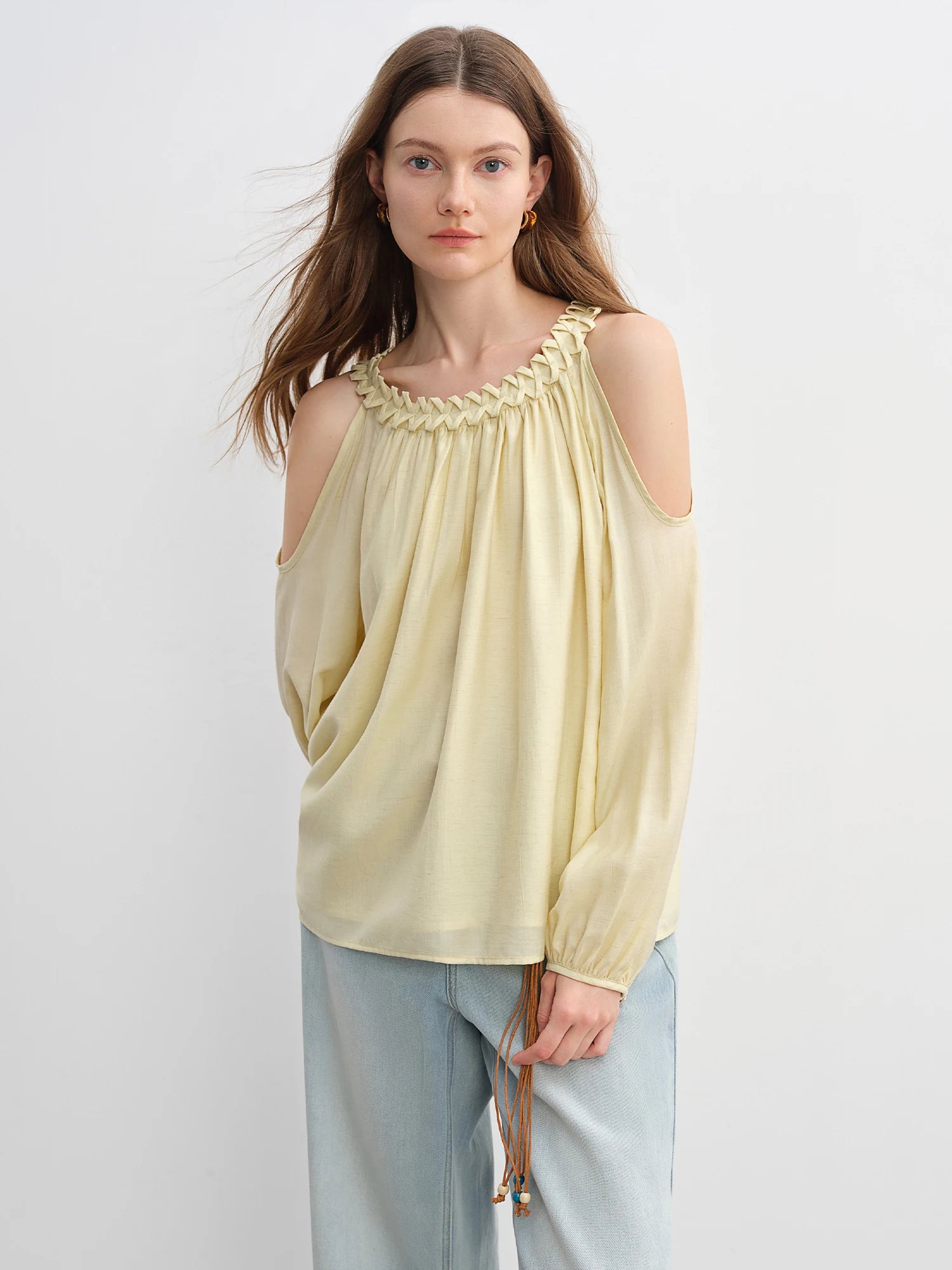 DUSHU Women's Artistic Halter Collar Off Shoulder Lantern Sleeve Blouse Summer New High-end Fashion Shirt 25DS82993